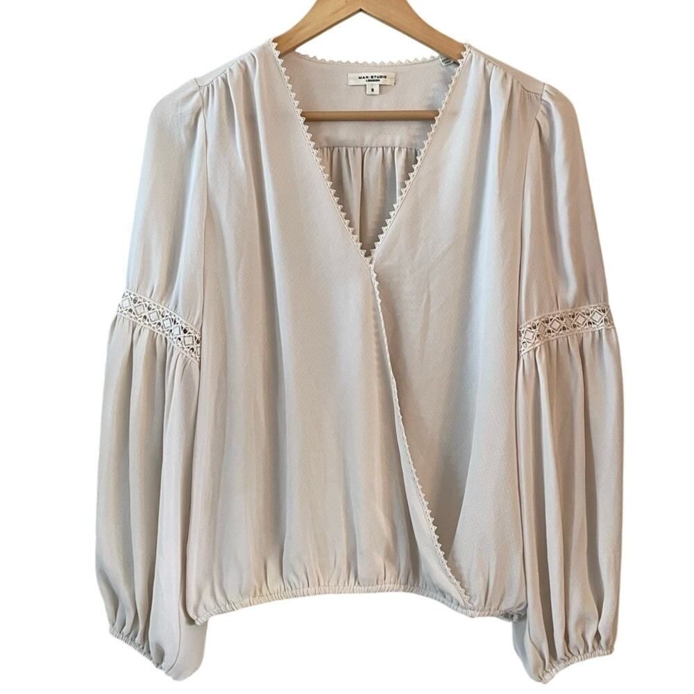 Max Studio London‎ Boho Chic Blouse Ivory with Crochet Lace Inset Size Small